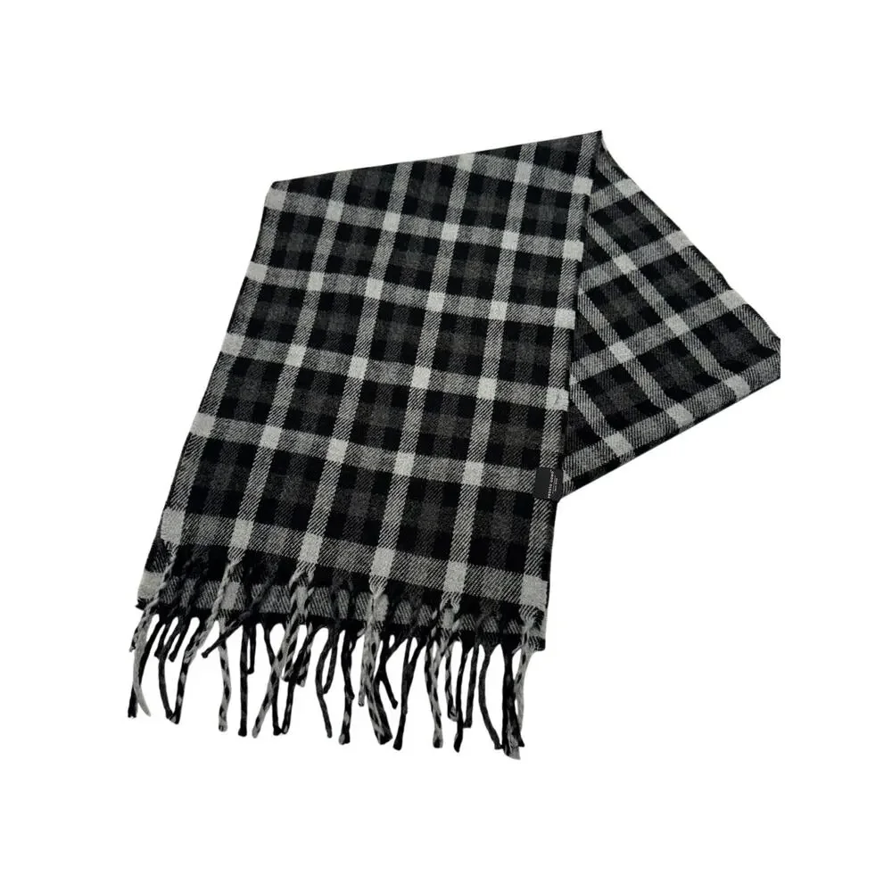 Pronto Uomo Men's Fringe Scarf OS Black Gray White‎ Plaid Acrylic Rectangle